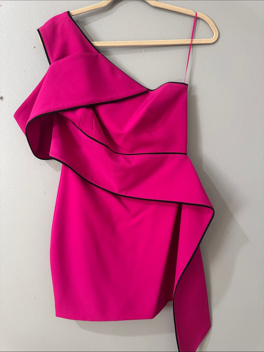 AQ/AQ Fuchsia One-Shoulder Ruffle Mini Dress with Black Trim